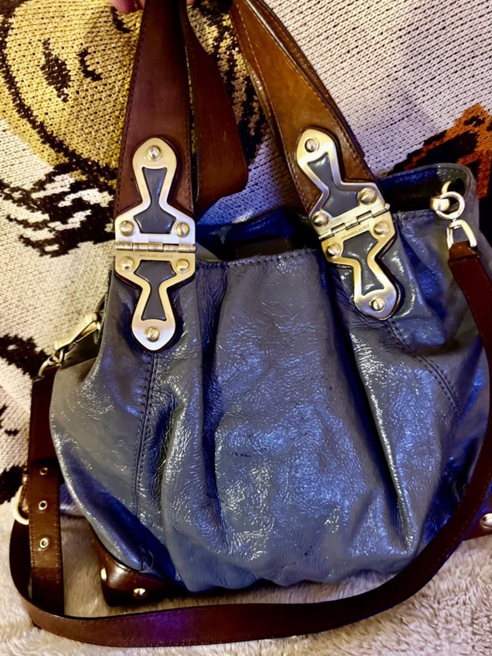 Coach Gray Leather Shoulder Bag with Brown Straps